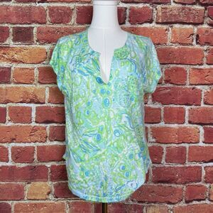 Lilly‎ Pulitzer 100% Linen Green Patterned V-Neck Tee Shirt Women's Size Small